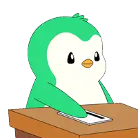 a cartoon penguin is sitting at a desk reading agw magazine