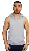 a man with a beard is wearing a gray tank top with a hood