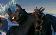 toothless from how to train your dragon is smiling and looking at something