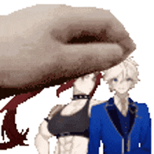 a man and a woman are standing next to each other in a pixel art style