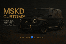 a black mercedes with the words ' mskd customs ' on the bottom