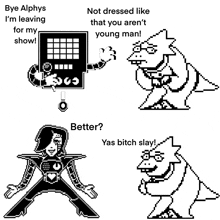 a black and white pixel art of alphys and mettaton talking to each other