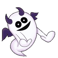 a cartoon ghost with purple horns and wings is smiling