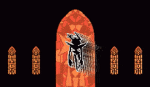 a pixel art of a stained glass window with a ghost coming out of it