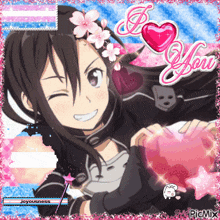 a girl with flowers in her hair is holding a pink heart with the words i love you above her