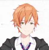 a boy with orange hair and a tie is wearing a black hoodie and tie .