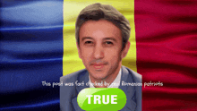 a picture of a man in front of a flag with a true button