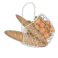 a basket filled with eggs and bread is being held by a hand