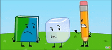 a cartoon drawing of a book ice cube and pencil