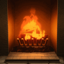 a fireplace with a large fire burning inside
