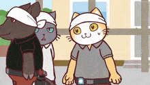 three cartoon cats are standing next to each other and one has a bandana on his head
