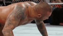 a shirtless wrestler is doing push ups on the floor in a wrestling ring .