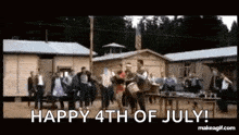 a group of people are dancing in front of a wooden building with the words `` happy 4th of july '' written on it .