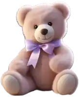 a teddy bear with a purple bow around its neck sits on a white background