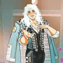 a cartoon drawing of a man with white hair and a warning sign on his chest