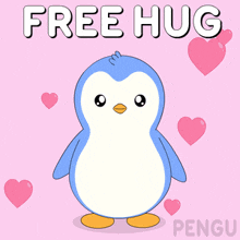 a penguin with its arms outstretched is surrounded by pink hearts and says free hug