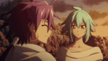 a couple of anime characters one with purple hair and the other with green hair