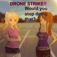 two anime girls standing next to each other with the words drone strike would you stop doing that written above them