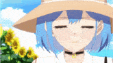 a girl with blue hair wearing a straw hat