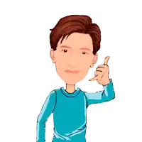 a cartoon of a man in a blue shirt is pointing at something