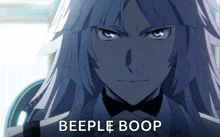 a close up of a person 's face with the words `` beeple boop '' written on the bottom .