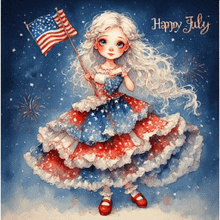 a girl in a red white and blue dress is holding an american flag and says happy july on the bottom