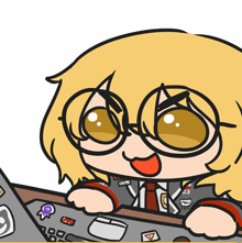 a cartoon of a person wearing glasses and a jacket that says ' yk ' on it