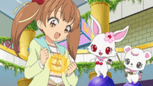 a girl with pigtails is standing next to a rabbit and a teddy bear