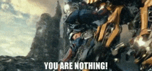 a man is standing next to a robot and says `` you are nothing ! ''