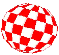 a red and white checkered sphere with a white background