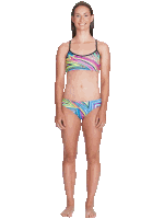 a woman in a bikini with a rainbow pattern on it