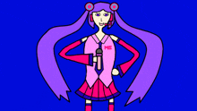 a cartoon drawing of a girl with purple hair and the word me on her shirt