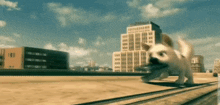 a cartoon dog is running on a roof with buildings in the background ..