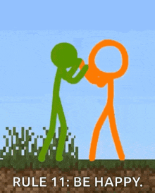 a green stick figure is kissing an orange stick figure on the forehead .