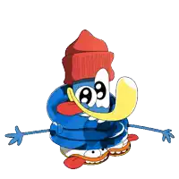 a cartoon character with a red hat and a yellow horn