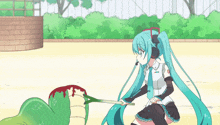 hatsune miku is kneeling down next to a green monster with blood coming out of it 's mouth