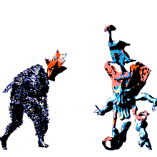 a drawing of a man and a creature with a hat on