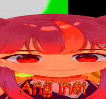 a close up of a cartoon girl 's face with the word ang iner written on her chest .
