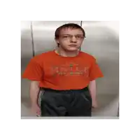 a young man wearing a red shirt with the word uslt on it