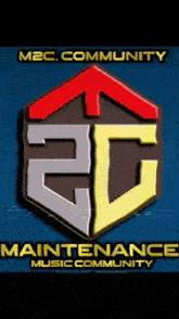 a logo for m2c community maintenance music community on a blue background