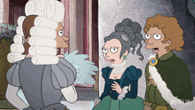a cartoon of a man in a wig talking to two women with netflix written on the bottom of the image