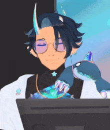a cartoon character is sitting in front of a computer with a stuffed shark on his shoulder .