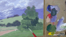 a painting of a landscape is being painted on a palette with the words made in animatica on the bottom
