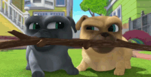two pugs are playing with a stick in a cartoon scene