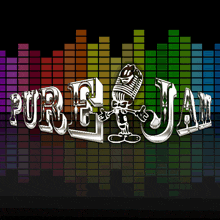 a logo for pure jam with a cartoon microphone on it