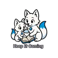 a sticker of two foxes reading a book with the words keep it coming below them