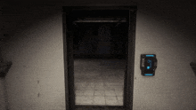 a dark room with a door and a sign that says ' emergency exit '