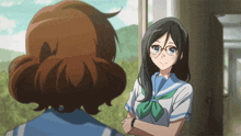 two anime girls are standing next to each other and one of them is wearing glasses