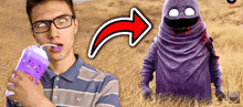 a man with glasses is drinking from a purple container that says sprinkles
