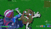 a player in a video game is holding an axe in front of a large r on the screen